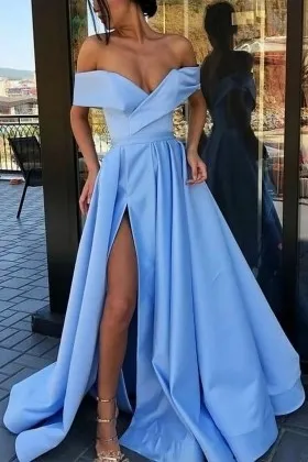 simple sky blue satin off the shoulder slit prom dress