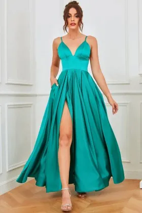 sexy V neck wide band slit turquoise satin prom dress