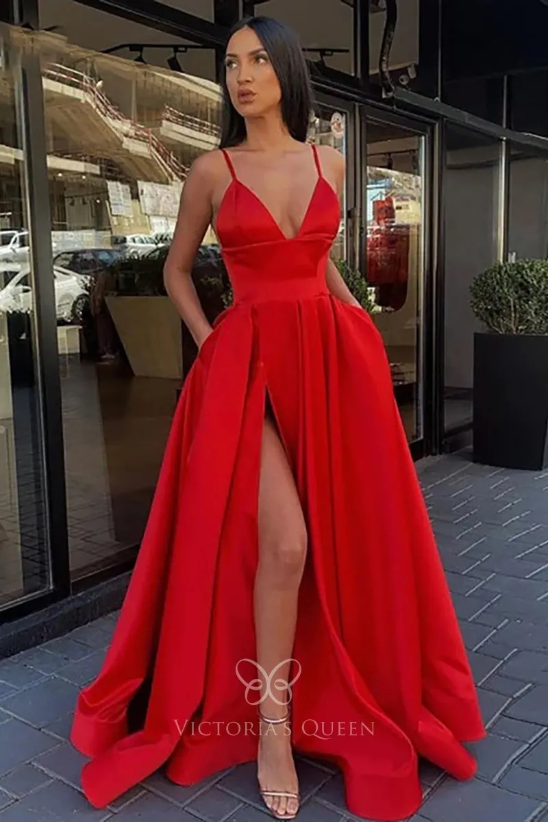 fashion forward wide waistband V neck slit red satin prom dress fashion forward wide waistband V neck slit red satin prom dress