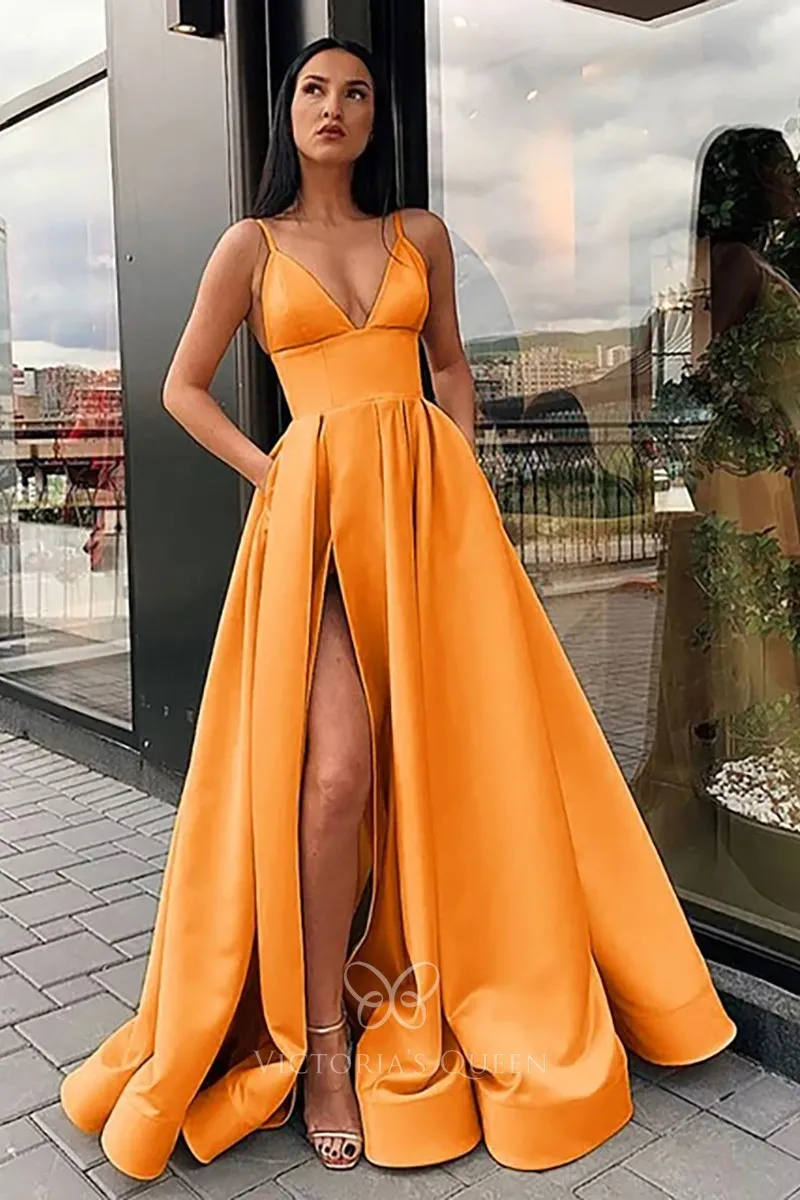 wide waistband V neck slit satin prom dress wide waistband V neck slit satin prom dress