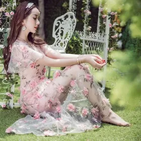 Feminine 3D floral organza overlay pink lace party dress