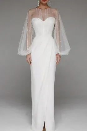 elegant pearled tulle and satin long puff sleeve formal wear
