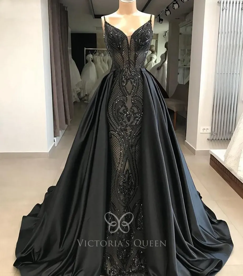 Sparkly Geometric Black Sequin Satin Overskirt Prom Dress VQ