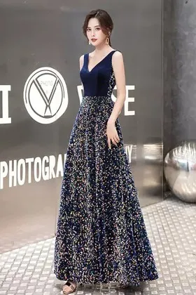 Sparkly iridescent navy sequin velvet prom evening gown