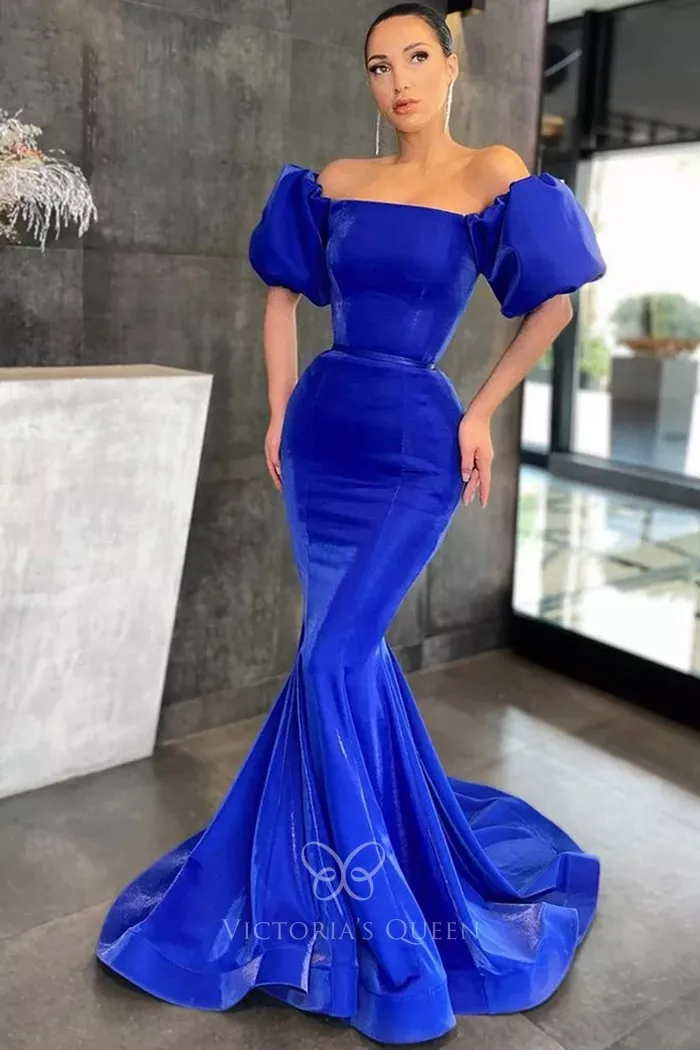 Fashion Royal Blue Satin Short Puff Sleeves Prom Dress VQ