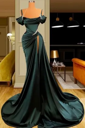 trending pleated dark green satin diamond prom dress