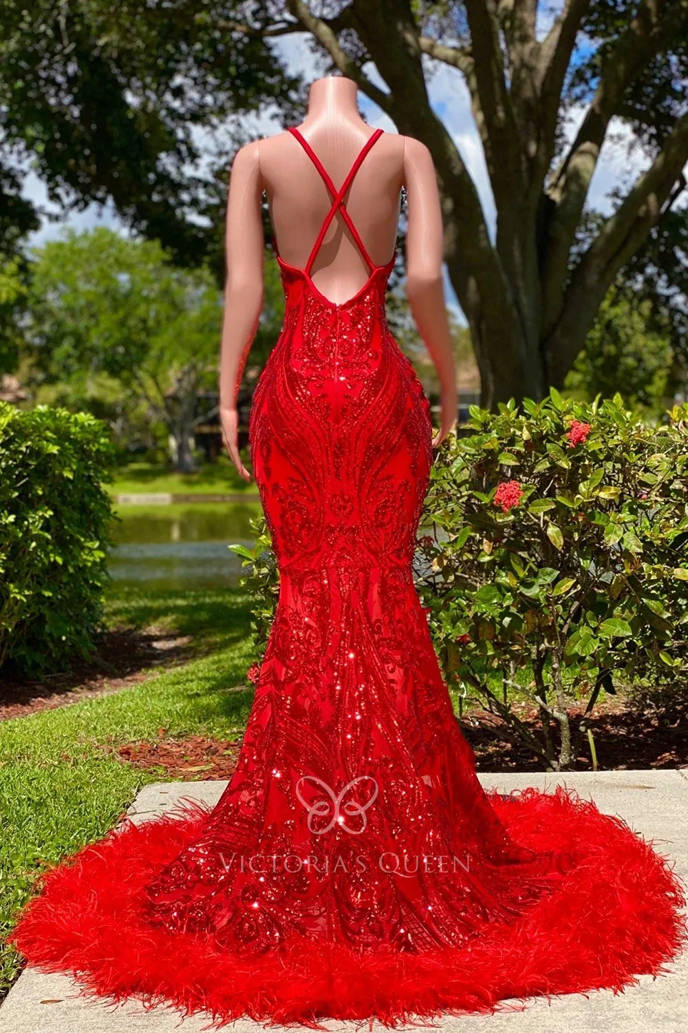 dazzling red sequin and feather mermaid African American prom dress dazzling red sequin and feather mermaid African American prom dress