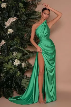 green satin asmmetrical strapless sheath high slit prom gown