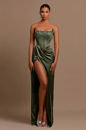 dark olive satin unique strapless sheath slit formal dress