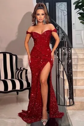 sparkly red sequin off the shoulder mermaid slit prom dress