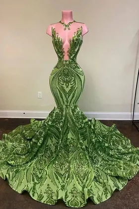 green abstract sequin sexy plunging neck mermaid prom dress