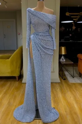 sparkly baby blue beading sequinned asymmetrical draped slit dress