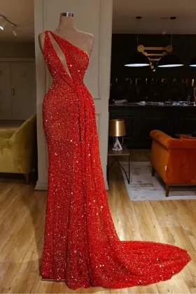 sparkly red beading one shoulder cut out sheath prom dress
