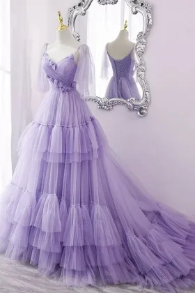 romantic lavender tulle 3d flowers tiered birthday dress