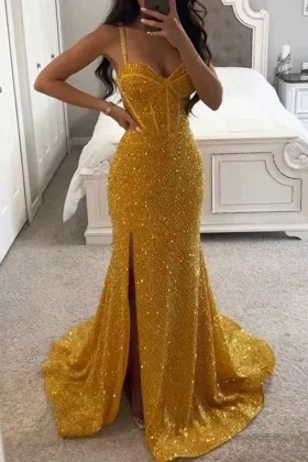 dazzling golden yellow sequin corset mermaid slit prom dress