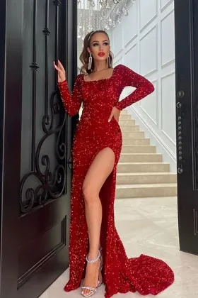 sparkly red sequin square neck slit mermaid evening dress
