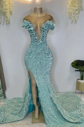 tiffany blue sequin beaded ruffled plunge mermaid prom dress