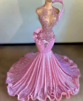sexy plunging neck pink sequin beading mermaid prom gown