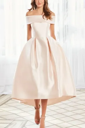 off shoulder sleek satin tea length bridal shower ball gown