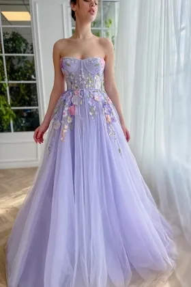 romantic 3d floral lace lavender tulle strapless party dress