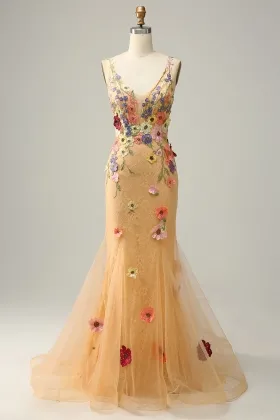 3d flower lace deep v neck champagne evening party dress