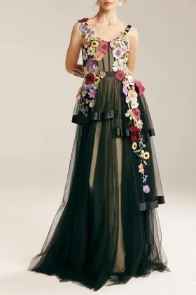 multi color 3d flower lace black layered engagement dress