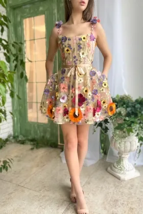 multi color 3d flower short cute birthday dress with straps