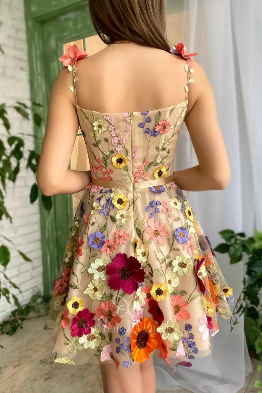 multi color floral lace short cute party dress with straps