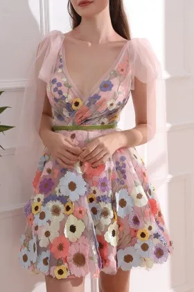 cute v neck tie straps 3d flower lace short homecoming dress