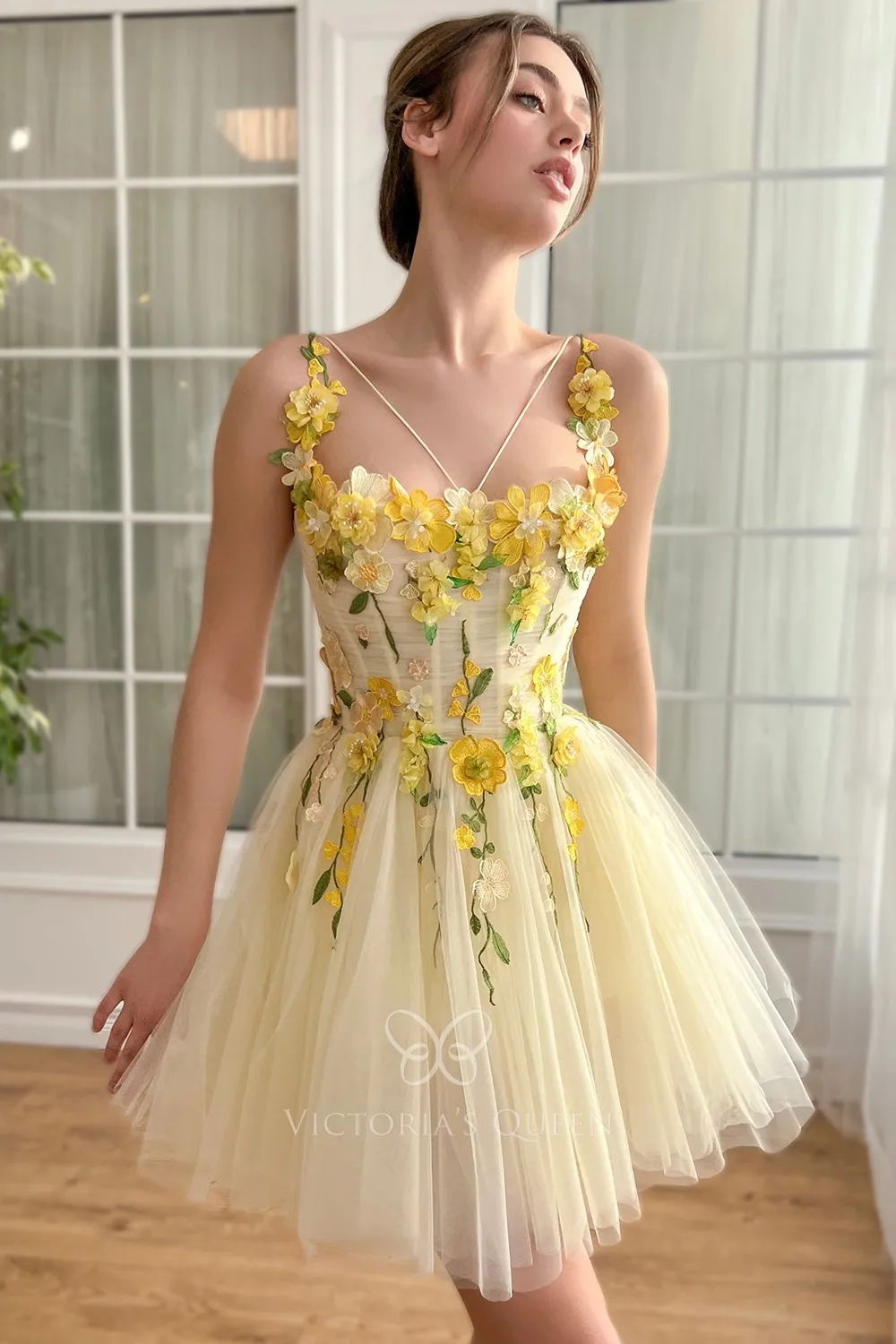 cute 3d flower straps light yellow short homecoming dress cute 3d flower straps light yellow short homecoming dress
