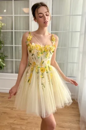 fairy 3d flower straps light yellow short birthday dress