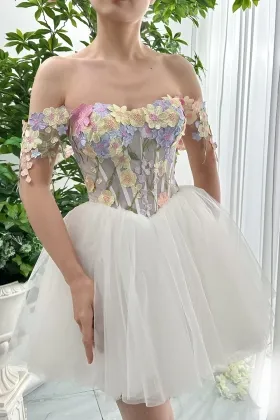 corset 3d floral short birthday dress with off shoulders