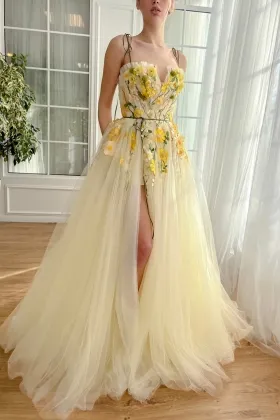 romantic spaghetti straps yellow floral lace slit prom dress