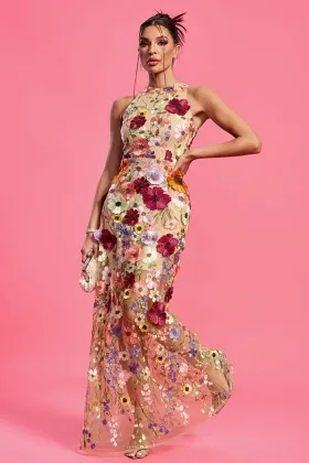 Modern 3d floral lace overlay sleeveless sheer party dress