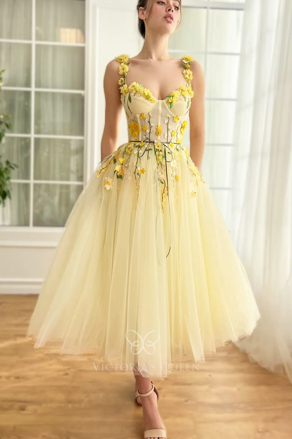 fairy yellow floral lace tulle puffy tea length birthday dress fairy yellow floral lace tulle puffy tea length birthday dress
