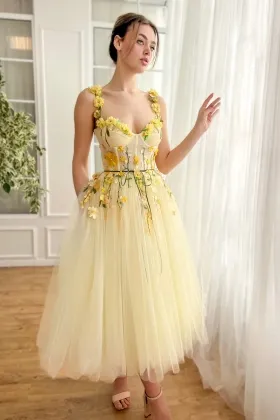 yellow floral lace tulle puffy tea length cute prom dress