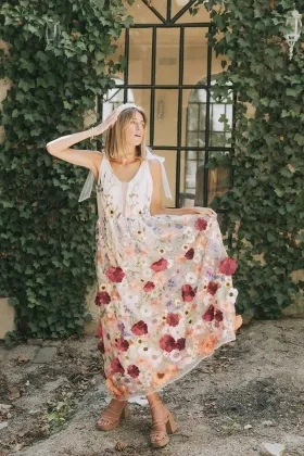 cute multi color flower lace tie shoulder midi prom dress