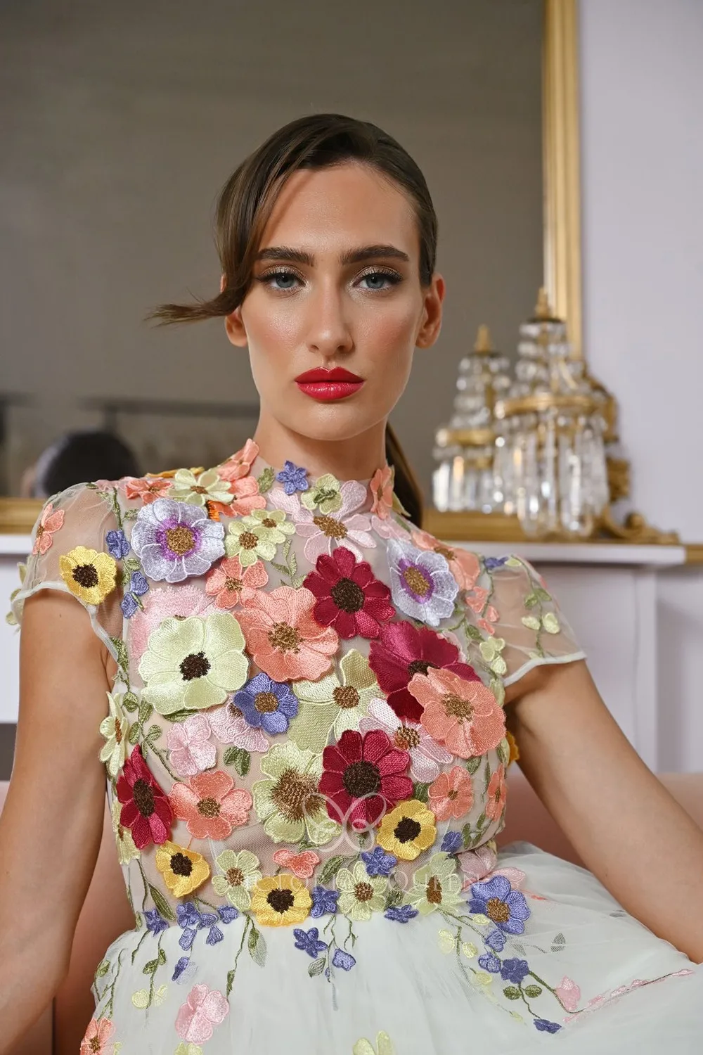 Evening Wear High Grade Floral U Neck Evening Dress Short Sleeve Slim Fit Party Cocktail Dress Women