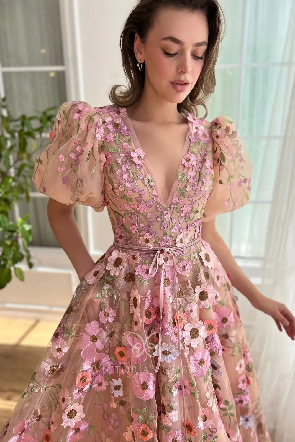 Puff sleeve three-dimensional flower dress