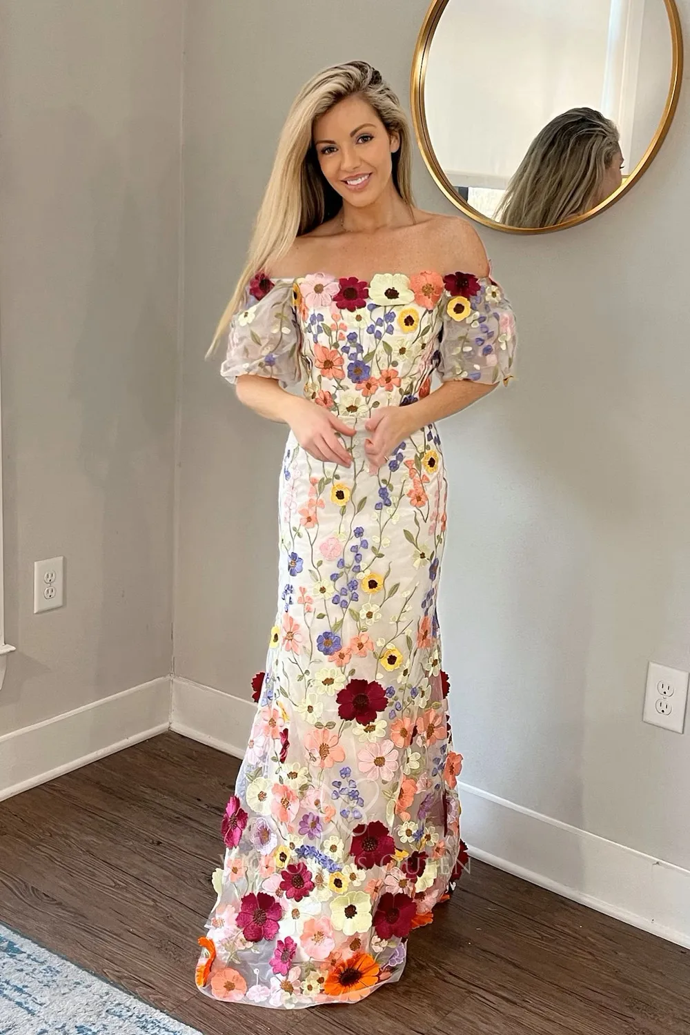 Floral Jacquard Off Shoulder Puff Sleeves Prom Dress