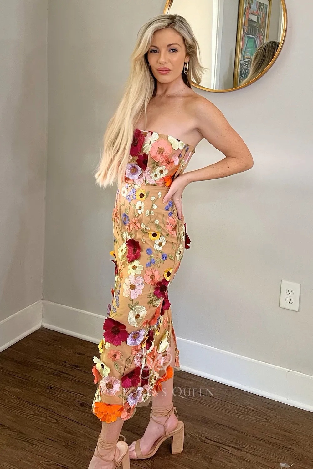 3D Flower Lace Strapless Bodycon Midi Wedding Guest Dress VQ