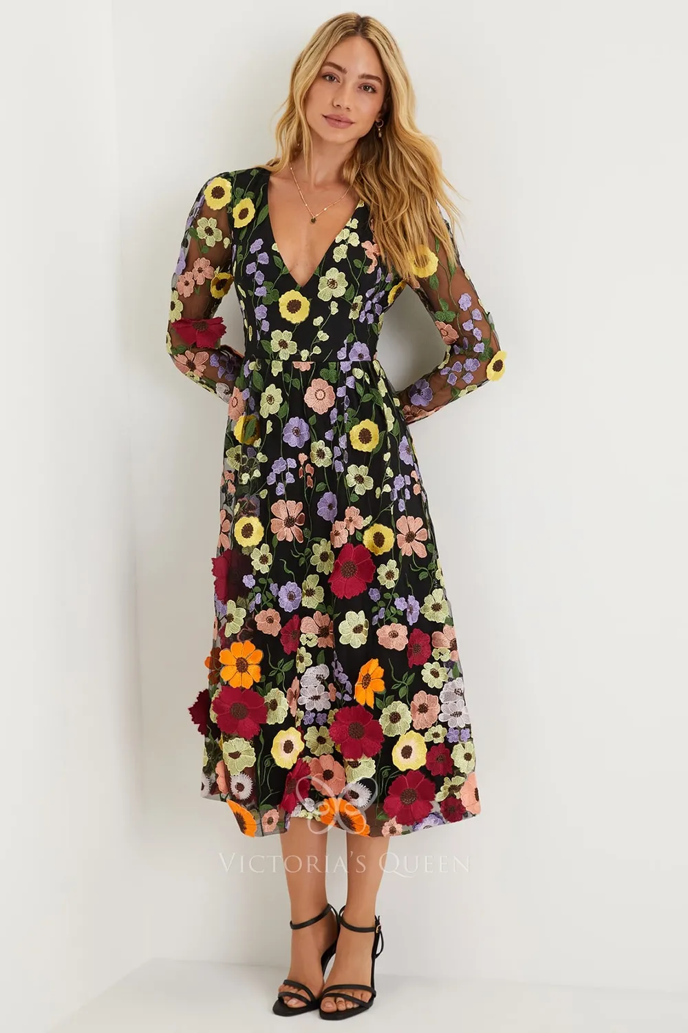Multi-color Flower V-neck Long Sleeve Midi Anniversary Dress - VQ