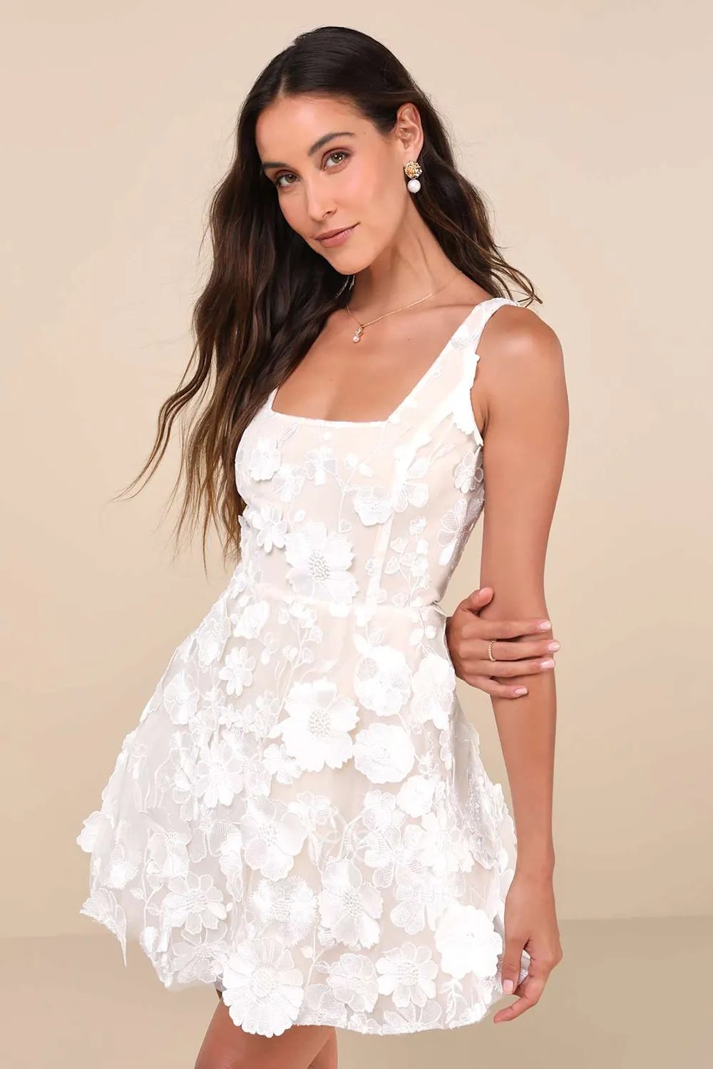 square neck bridal shower dress DreamDress By PMN Ellen Mini Bridal Shower Bridesmaid Dress Squared Neck Lace Strap Silk Satin Lining Organza | Size: 2 main image 1