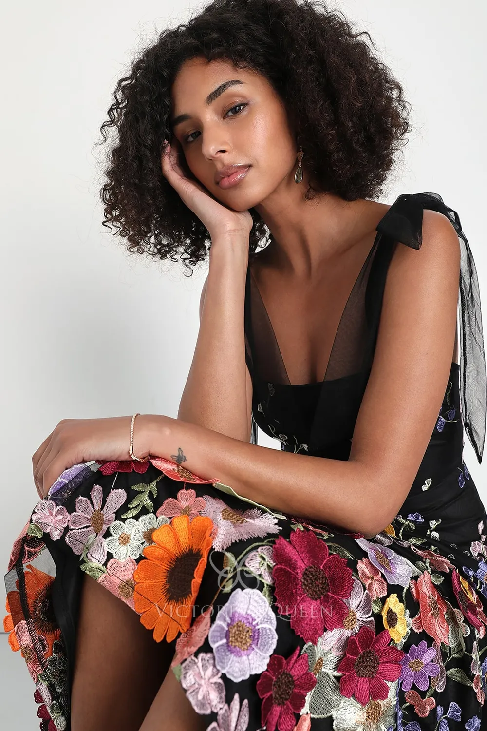 Colorful 3D Flowers Tie Strap Black Wedding Guest Dress VQ