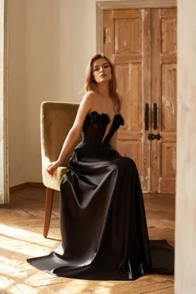 black 3d flowers strapless lace satin bridal shower dress