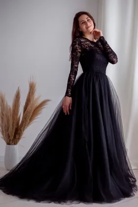 black lace tulle long sleeve low back puffy evening dress