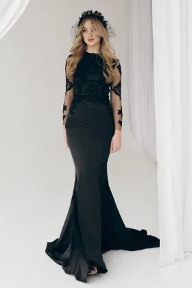 gothic inspired black beaded lace and satin evening dress