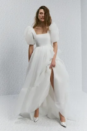square neck puff sleeve organza puffy bridal shower dress