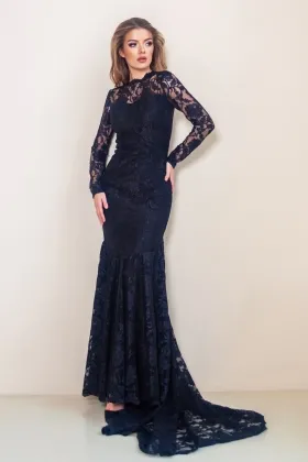 black lace illusion long sleeve mermaid anniversary dress