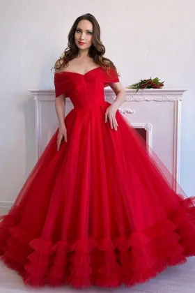 off the shoulder red tulle ruffled voluminous prom dress